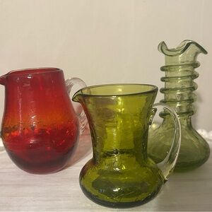 Set of Colorful Glass Pitchers and Vase